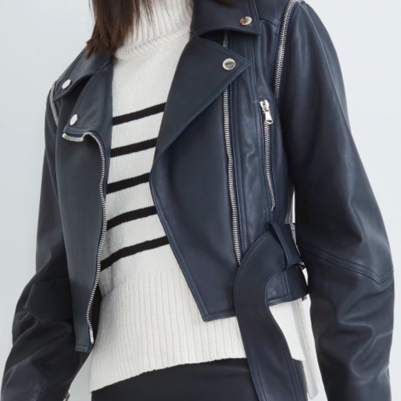 Veronica Beard Jylan Leather Moto Jacket Navy Dark Blue Lambskin Size 2 NWT - Picture 2 of 15